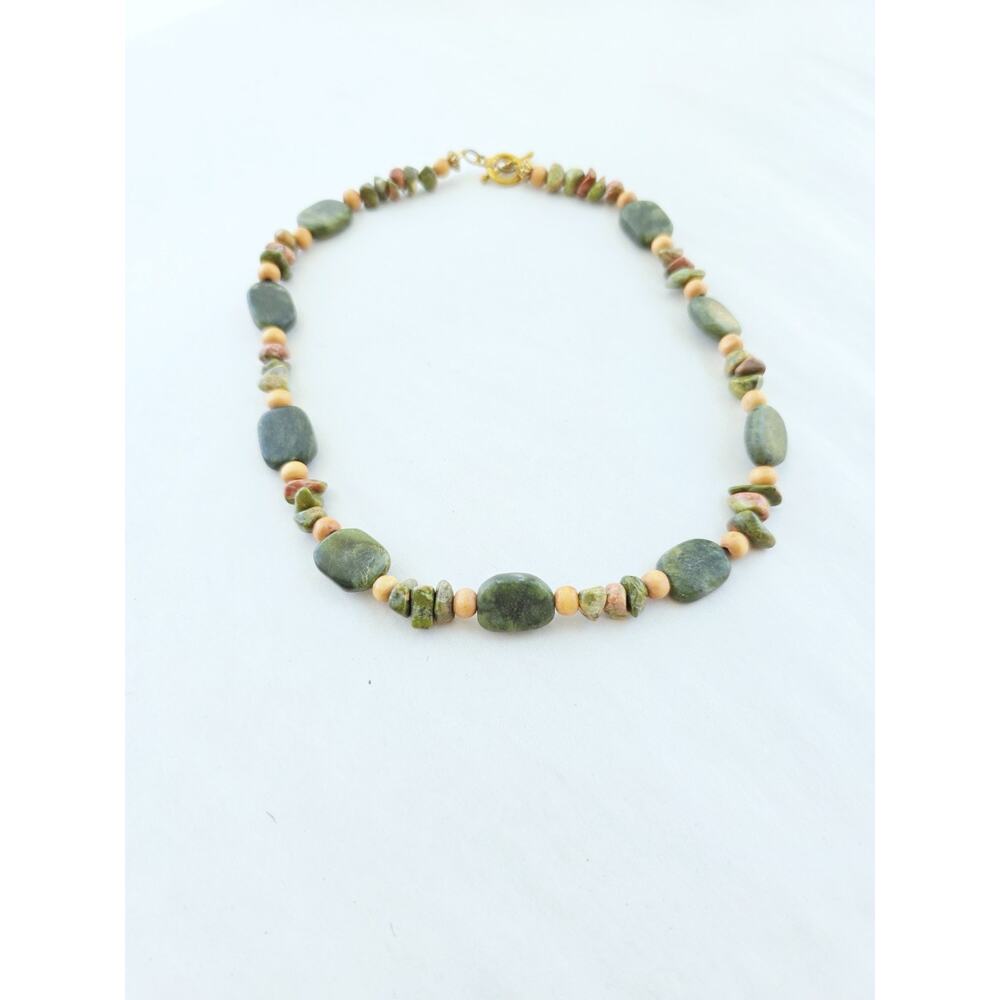 Handmade Gem Stone Beaded Artisan Necklace Nephrite & Unakite Green Choker Boho - Picture 2 of 10